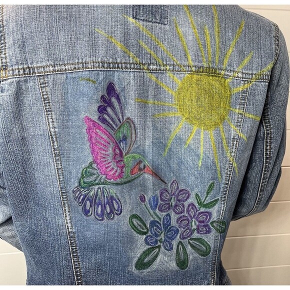 Vintage 1990's Y2K Distressed Hand Painted Hummingbird Floral Old Navy Jacket L - Picture 2 of 10
